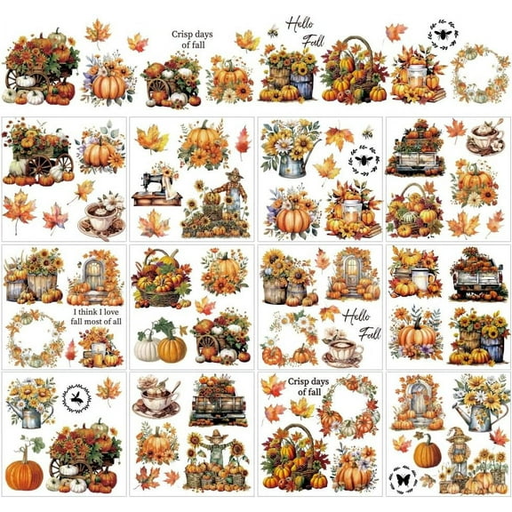 12 Sheets Thanksgiving Pumpkin Rub on Transfers for DIY Crafts Hello Fall Rub on Transfer Stickers Autumn Maple Leaves Rub on Decal Sticker for DIY Wood Furniture DIY Home Decor 5.5x5.5"