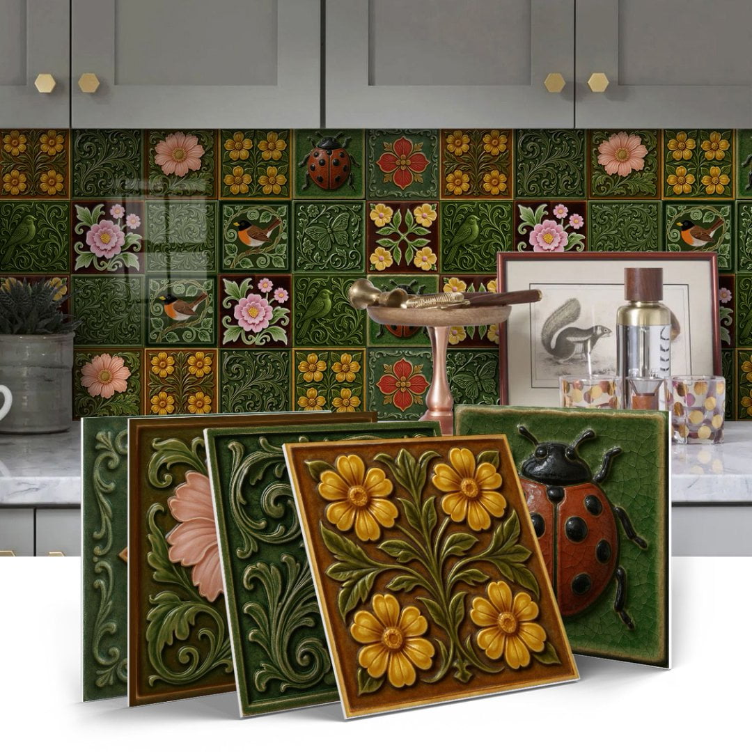 12 Sheets Tile Sticker Waterproof Peel and Stick Backsplash 5.9" x 5.9" Green Flower Wall Stickers Self-Adhesive DIY Decor Decals
