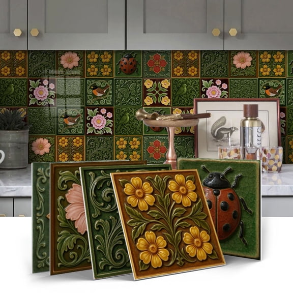 12 Sheets Tile Sticker Waterproof Peel and Stick Backsplash 5.9" x 5.9" Green Flower Wall Stickers Self-Adhesive DIY Decor Decals