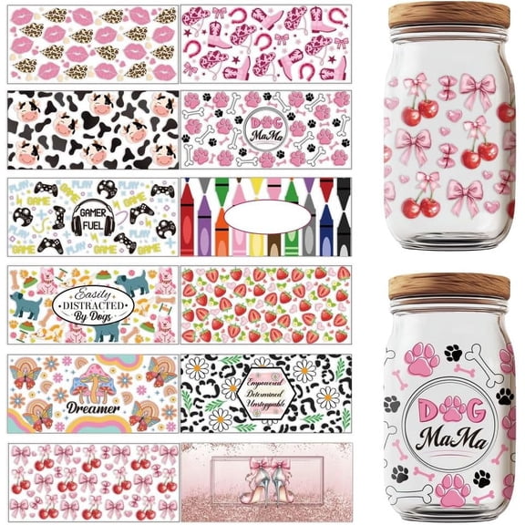 12 Sheets Transfers Stickers Rub on Transfers Flower Game Western Country Theme Cup Wraps Decal Waterproof Printing UV Transfer Paper Mixed Color