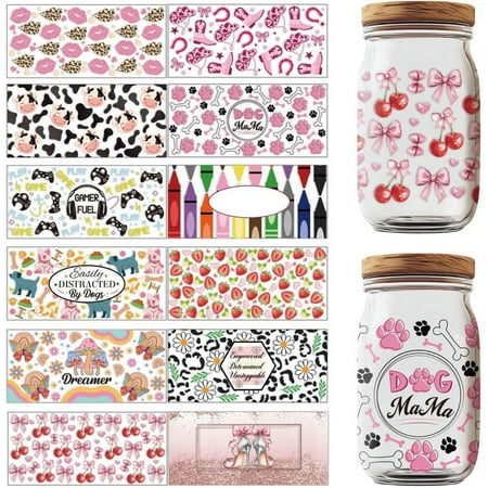 12 Sheets Transfers Stickers Rub on Transfers Flower Game Western Country Theme Cup Wraps Decal Waterproof Printing UV Transfer Paper