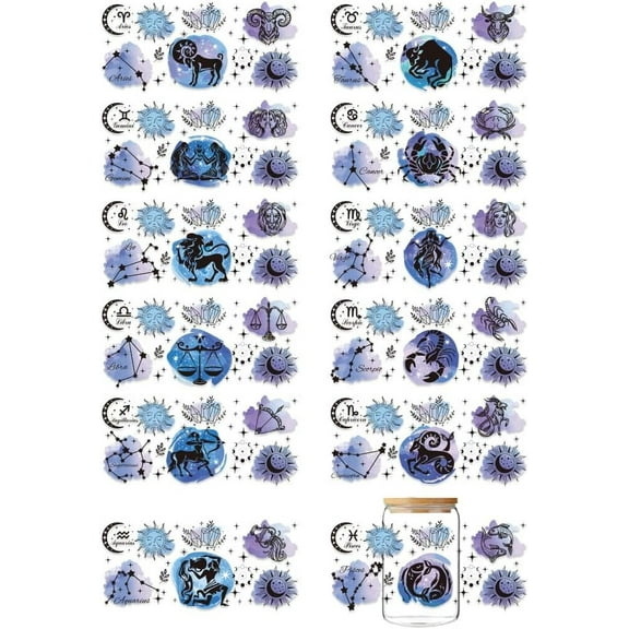12 Sheets UV DTF Cup Wrap Transfer Stickers Star Sign Rub on Decals Scorpio Leo Virgo UV DTF Cup Wraps Zodiac Sign Waterproof Personalized Stickers for Bottles Drink Jam Container for DIY