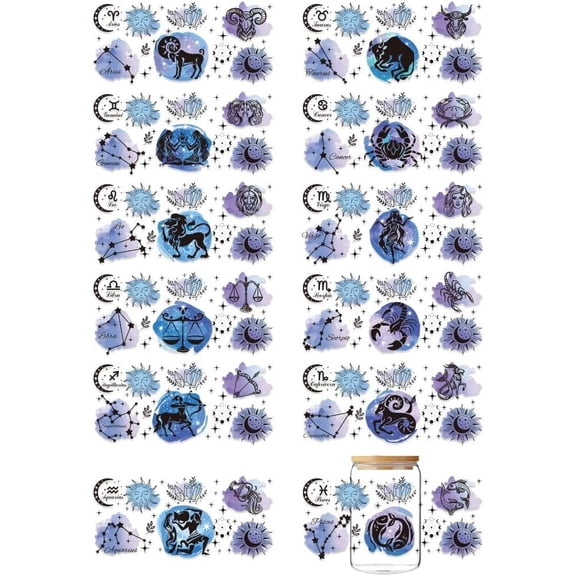 12 Sheets UV DTF Cup Wrap Transfer Stickers Star Sign Rub on Decals Scorpio Leo Virgo UV DTF Cup Wraps Zodiac Sign Waterproof Personalized Stickers