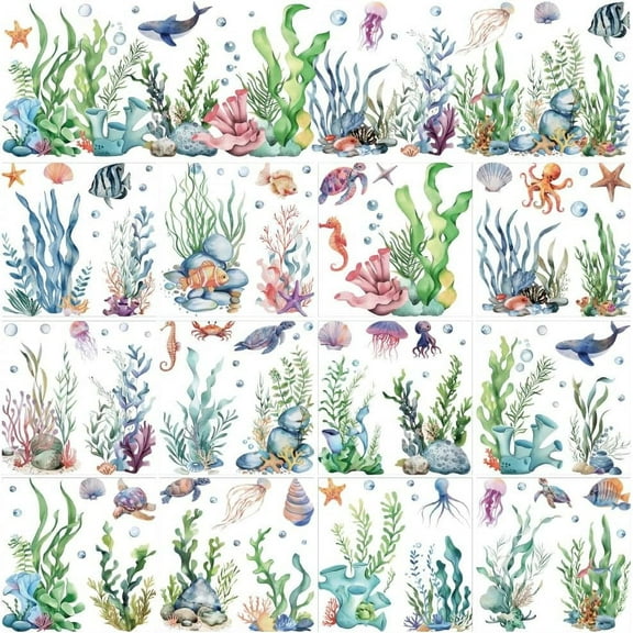 12 Sheets Underwater Scene Rub On Transfer Stickers Colorful Sea Animals Ocean Life and Coral Decoration Fish Seahorses and Jellyfish