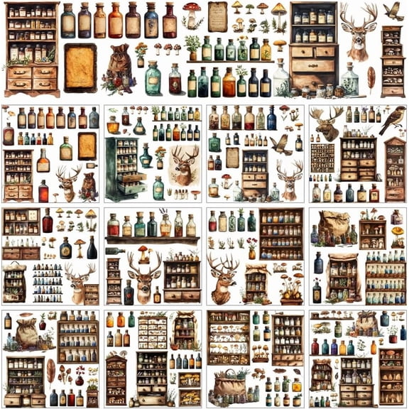 12 Sheets Unique Pharmacist Bottle Rub On Transfer Stickers Mushroom & Deer Transfer Window Paper Perfect for Home Aesthetic Enhancement 5.5x5.5"