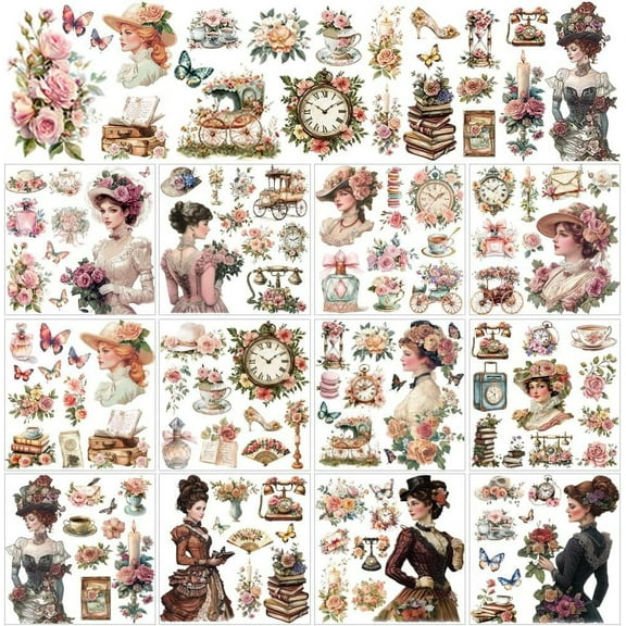 12 Sheets Victorian Lady Rub on Transfer Stickers Vintage Lady Floral Rub on Transfers Court Bouquet Rub on Decals Tea Party Sticker for Crafts Drawer Cabinet Dresser Home Decor 5.5x5.5 for DIY Human