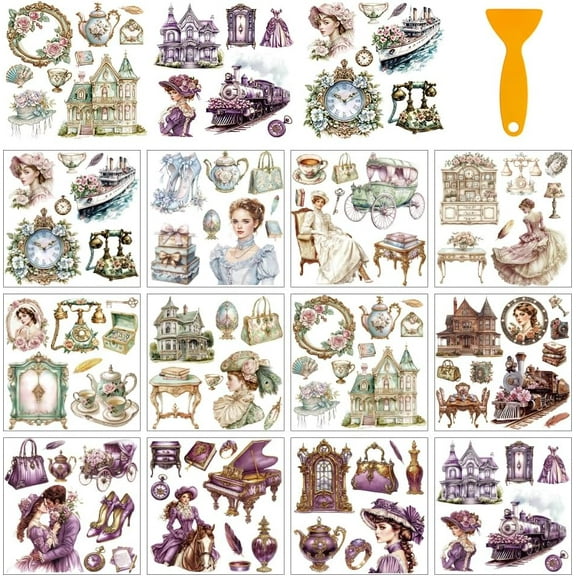12 Sheets Victorian Theme Rub on Transfers for Craft Princess Royal Transfer Sticker Furniture Decals Waterproof Stickers for Home Window Bedroom Living Room Water Bottle Glass Decoration 1 Set