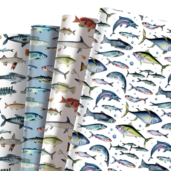 12 Sheets Vintage Deep Sea Fish Gift Wrapping Paper Folded Flat 4 Designs Ocean Theme for Gone Fishing Birthday Baby Shower Party DIY Craft 20 x 27 Inches