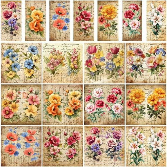 12 Sheets Vintage Flowers Rub on Transfers 12 Style Vintage Kraft Paper with Handwriting Words Heat Transfer Film Transfer Furniture Stickers