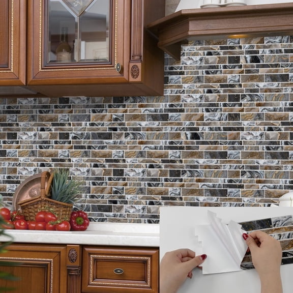 12 Sheets Waterproof Tiles Wall Stickers 9.68" x 4.72" Gray Brown Marble Pattern Decals Removable Peel and Stick Tile Kitchen Backsplash