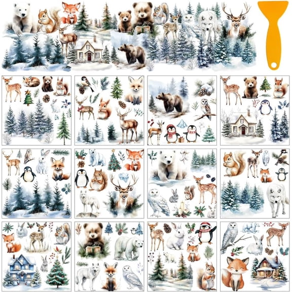 12 Sheets Winter Animals Window Clings Deer Rub on Transfer Stickers Furniture Decal for Home School Office Decoration Holiday Winter Decor DIY Crafts Supplies 5.5x5.5