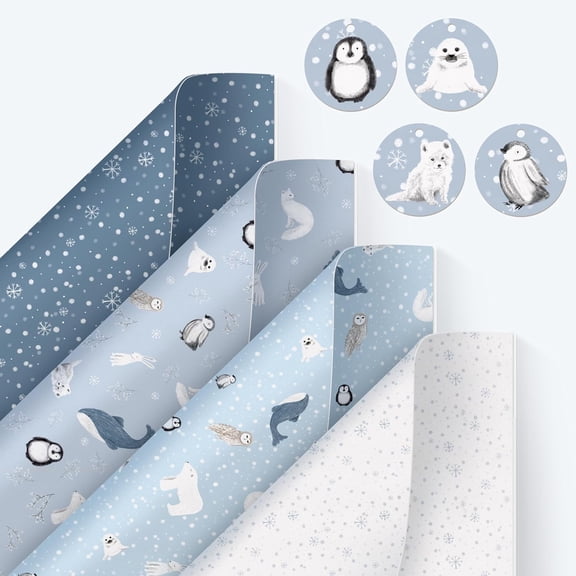Cheerland 12 Sheets Winter Arctic Theme Wrapping Paper, Ocean Animal Snowflakes, Blue
