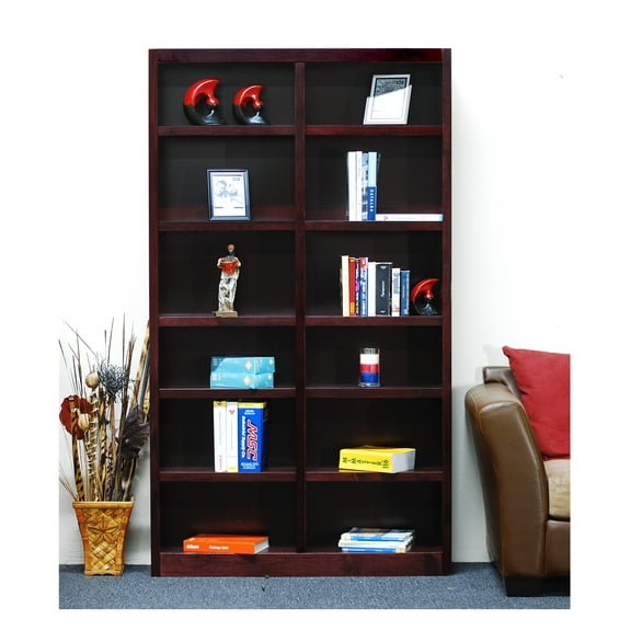 12 Shelf Double Wide Wood Bookcase, 84 inch Tall - Cherry Finish