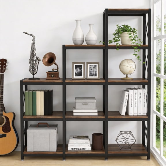 12-Shelf Industrial Ladder Corner Bookcase - 9 Cube Stepped Etagere Storage Organizer for Home Office Small Space Decor (Rustic Brown)