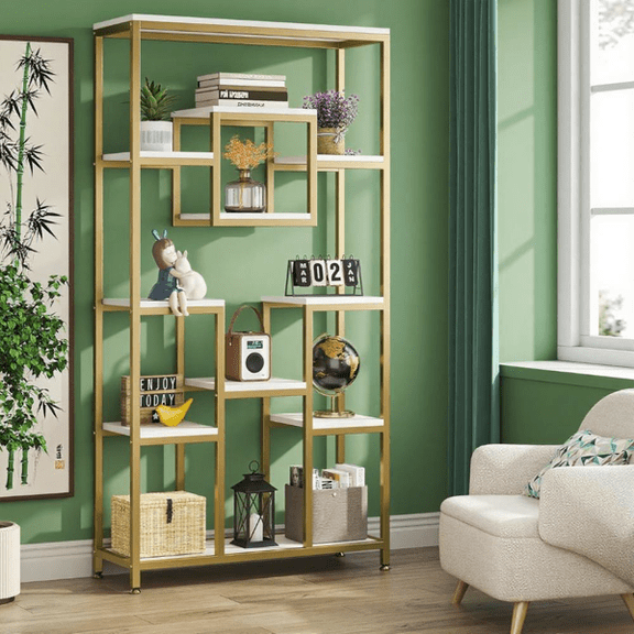 12-Shelf Modern Geometric Cube Bookcase, E1 Particle Board & Gold Metal Frame, Ample Storage for Books/Decor, Easy Assembly, Stylish for Any Room