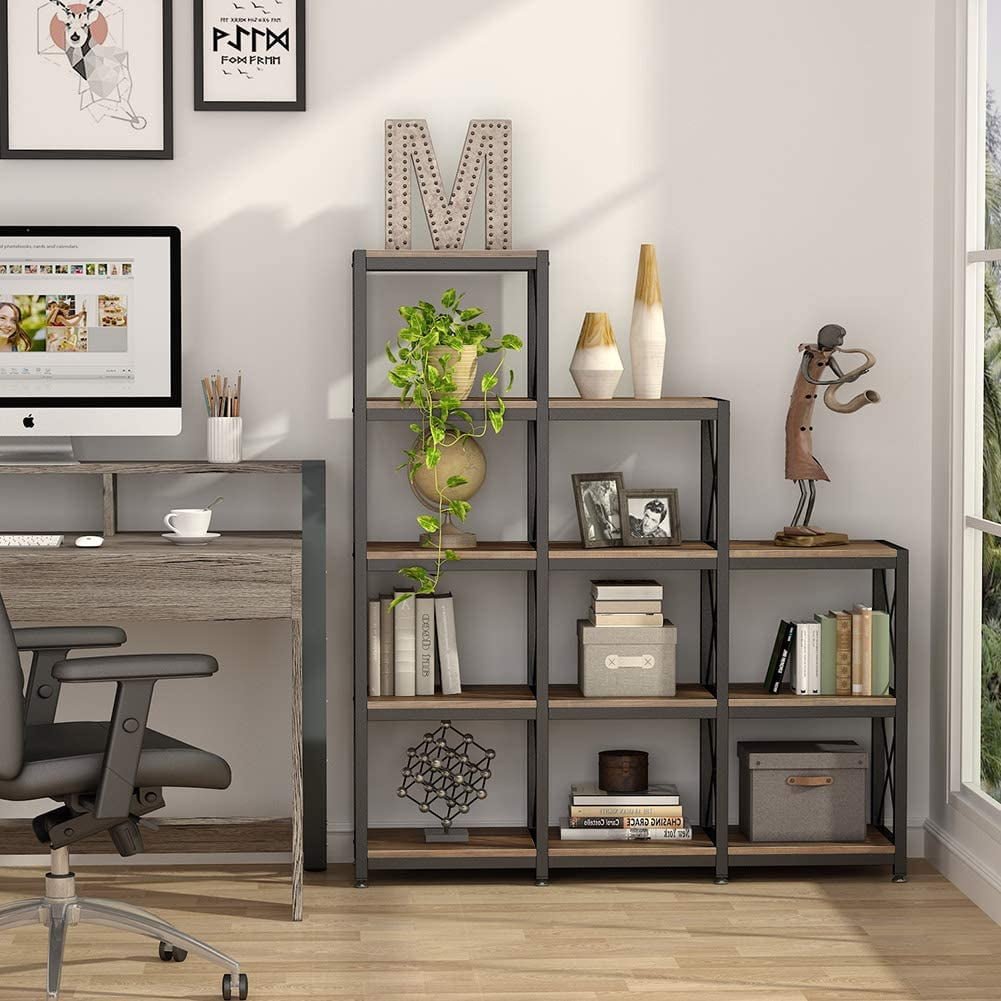 12 Shelves Bookshelf, Industrial Ladder Corner Bookshelf 9 Cubes Stepped Etagere Bookcase, Rustic 5-Tier Display Shelf Storage Organizer for Home Office