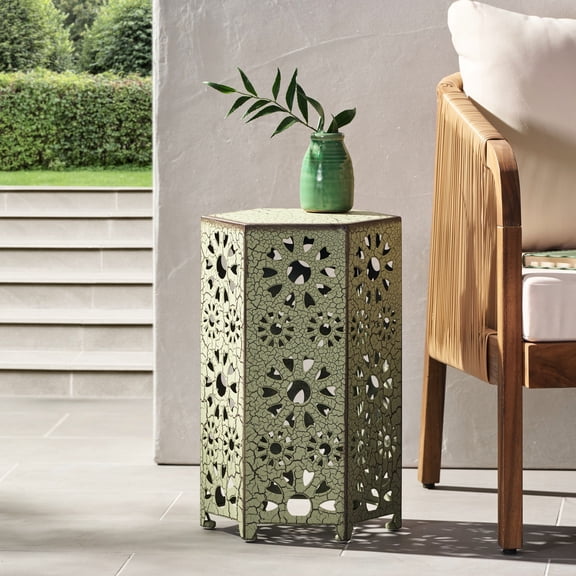 12" Side Table in Green Iron / Great for Patio Outdoor Use