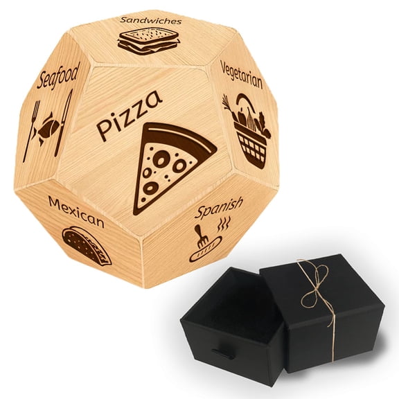 12 Sided Wood Food Decision Dice with Jute Cord for Boyfriend Girlfriend Date Night Gift Mixed Shapes 30x30x30mm