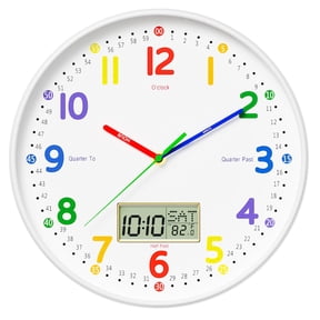 12" Silent Teaching Wall Clock with LCD Date Weekday Temperature Display – Tempered Glass, Non-Ticking Battery Operated Learning Clock for Kids Room, Classroom, Home Decor