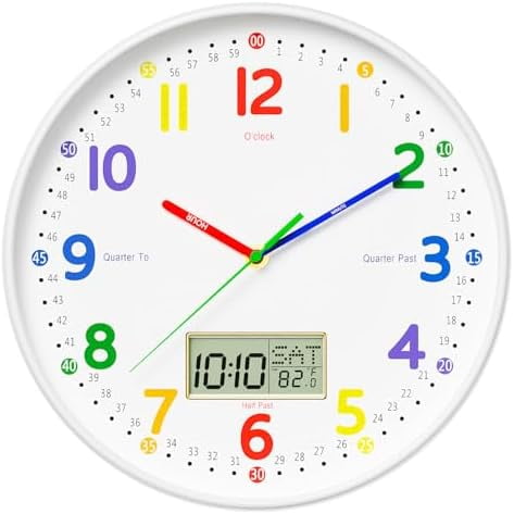 12" Silent Teaching Wall Clock with LCD Date Weekday Temperature Display Tempered Glass, Non-Ticking Battery Operated Learning Clock for Kids Room, Classroom, Home Decor