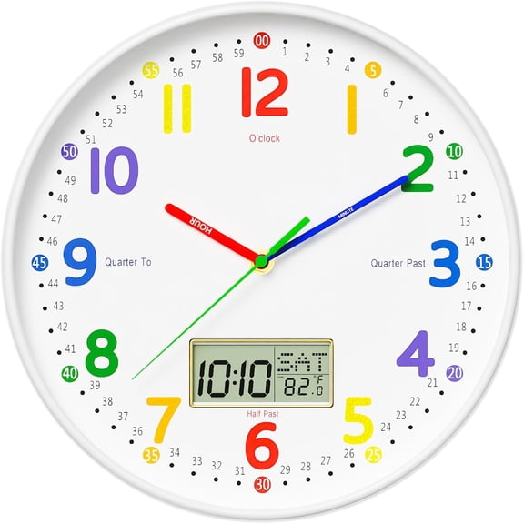 12" Silent Teaching Wall Clock with LCD Date Weekday Temperature Display Tempered Glass, Non-Ticking Battery Operated Learning Clock for Kids Room, Classroom, Home Decor