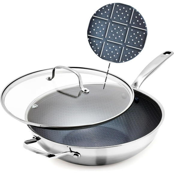 12 Silver & Blue Hybrid Nonstick Stainless Steel Wok with Lid PFAS-Free, Ceramic Diamond, Stir-Fry Pan