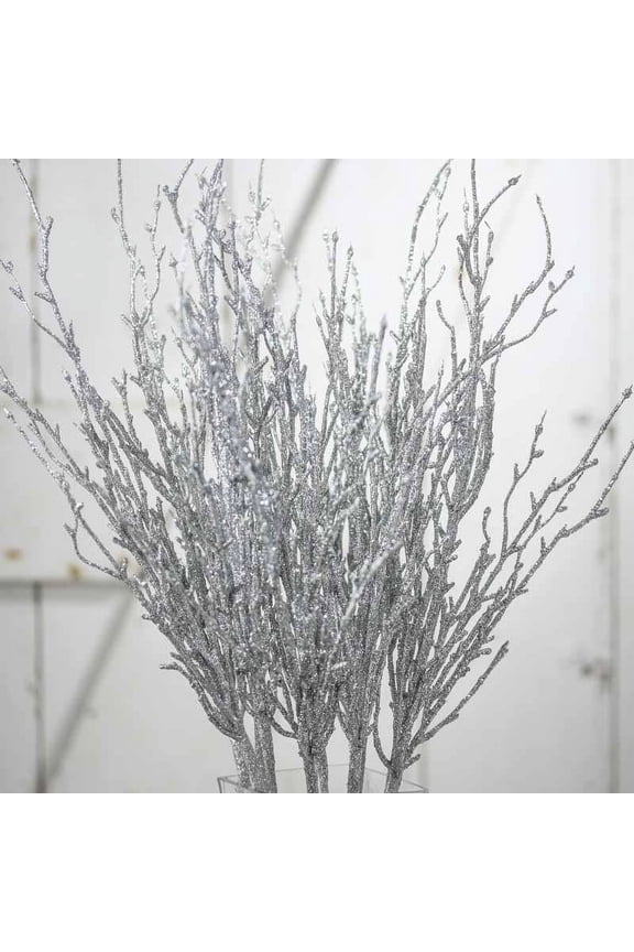 22 Artificial Silver Glittered Twig Plant Branches (12 Count)