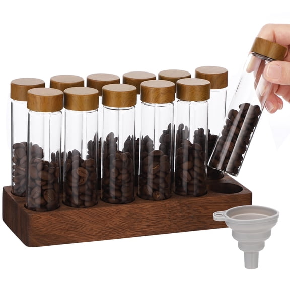12 Single Dose Coffee Bean Storage Tubes, Sealed Glass Vials with Wood Base and Funnel, Refillable Containers for Beans, Tea, Spices, Home Kitchen, Cafe