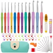 12 Sizes Crochet Hooks Set, 51 Pack Yarn Crochet Kit for Beginners, Knitting Needles with Soft Silicone Ergonomic Handles for Arthritic Hands, Crochet Needle Kit with Blue Case for Crocheters