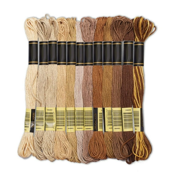 12-Skein Cross Stitch Thread, Premium Mercerized Cotton Floss, Tangle-Free for Handmade Jewelry, Holiday Decor, and Textile Art, Brown Color Variations