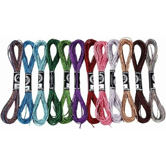 12 Skeins 6 Strands Metallic Embroidery Floss Glitter Stitch Thread Colorful Sparkly Polyester Friendship Bracelet String Yarn Threads Bulk