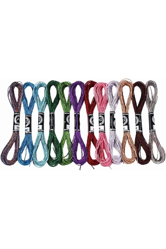 12 Skeins 6 Strands Metallic Embroidery Floss Glitter Stitch Thread Colorful Sparkly Polyester Friendship Bracelet String Yarn Threads Bulk