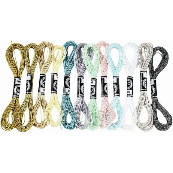 12 Skeins 6 Strands Metallic Hand Embroidery Floss Glitter Friendship Bracelet String Colorful Sparkly Polyester Cross Stitch Thread Bulk Set