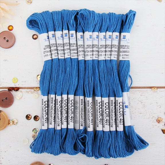 ThreadArt Premium Egyptian Cotton Embroidery Floss - 8.75 Yds - 6 Strand - 12 Skeins - Blue No.407