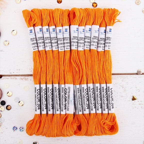 ThreadArt Premium Egyptian Cotton Embroidery Floss - 8.75 Yds - 6 Strand - 12 Skeins - Tangerine No.304