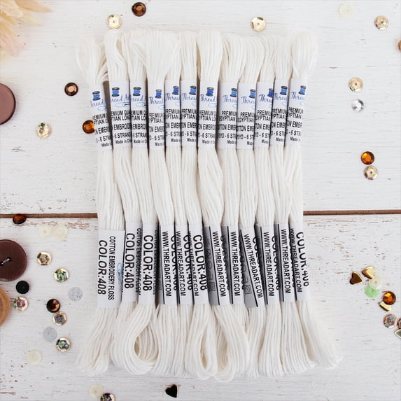 ThreadArt Premium Egyptian Cotton Embroidery Floss - 8.75 Yds - 6 Strand - 12 Skeins - White No.408