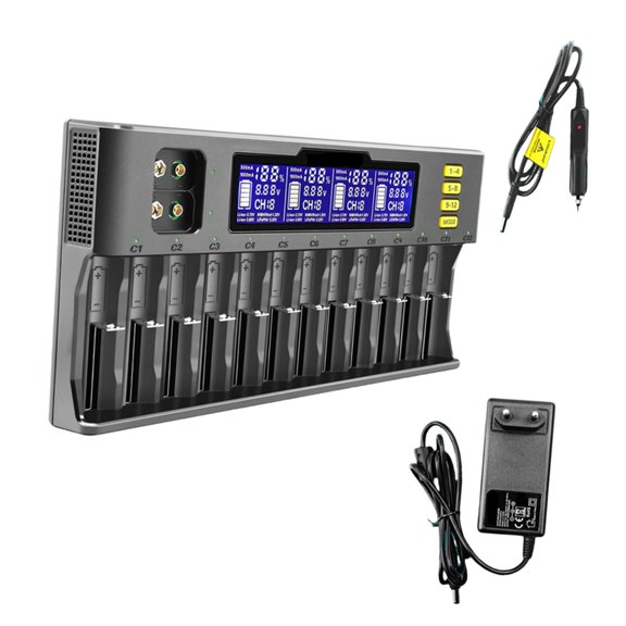 12 Slot Battery Charging LCD Display Fast For Multiple Battery Types Including 9V LiFePO4 26650 21700 32650