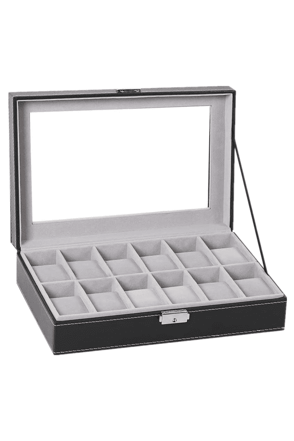 12-Slot Black Leather Watch Box for Display Organize by Oumilen