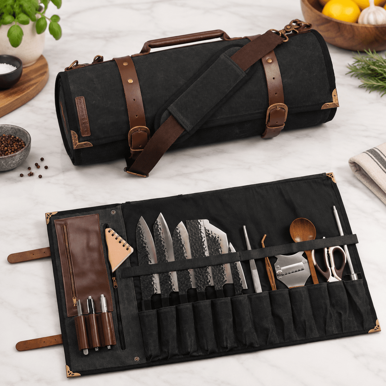12 Slot Chef Roll Bag with Waxed Canvas and Leather, Walnut Brown ...