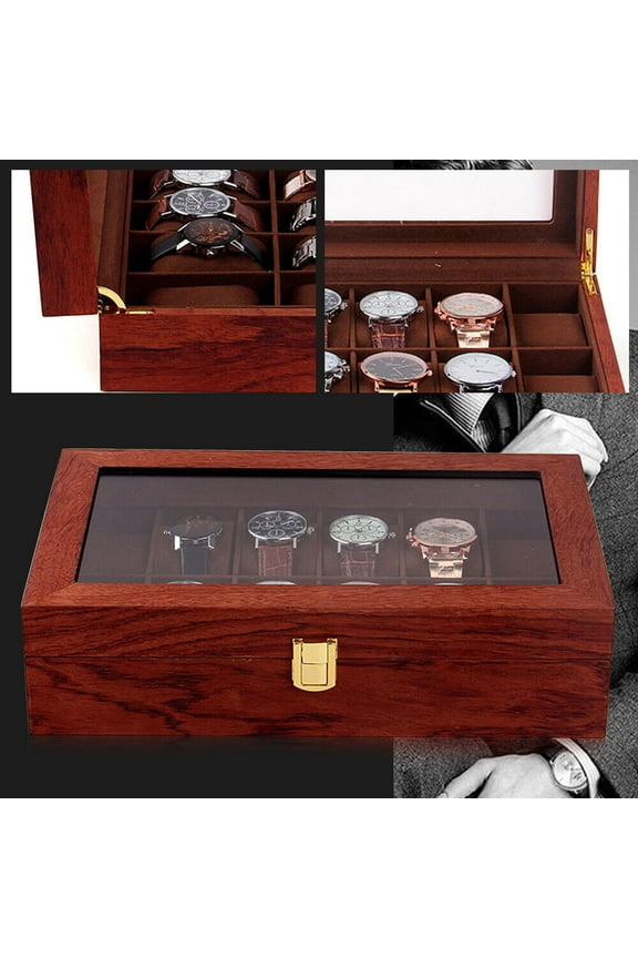 12 Slot Gold Wooden Watch Box For Men - Luxury Accents Display Box Holder Gift