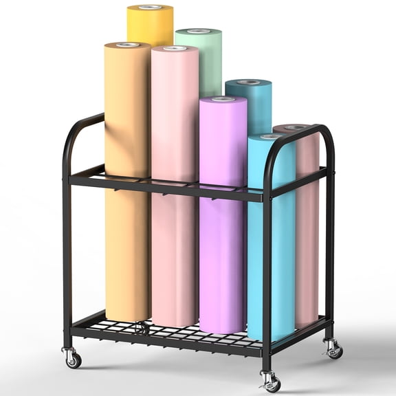 12-Slot Office Roll Paper Storage Rack, Mobile Metal Blueprint Organizer Cart with Lockable Wheels, Map and Poster Holder for Office and Studio, Black