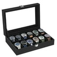thumbnail image 1 of 12-Slot Watch Box, 2 Layers Lockable Watch Case with Glass Lid with 1 Drawer, Black and Black, 1 of 6