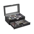 thumbnail image 1 of 12-Slot Watch Box, 2 Layers PU Lockable Watch Case with Glass Lid with 1 Drawer, Black and Gray, 1 of 7