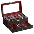 thumbnail image 1 of 12-Slot Watch Box, 2 Layers PU Lockable Watch Case with Glass Lid with 1 Drawer, Black and Red, 1 of 8