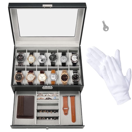 12-Slot Watch Box,Lockable Watch Case with Glass Lid, 2 Layers,with 1 Drawer for Rings, Bracelets, Gift Idea,Black