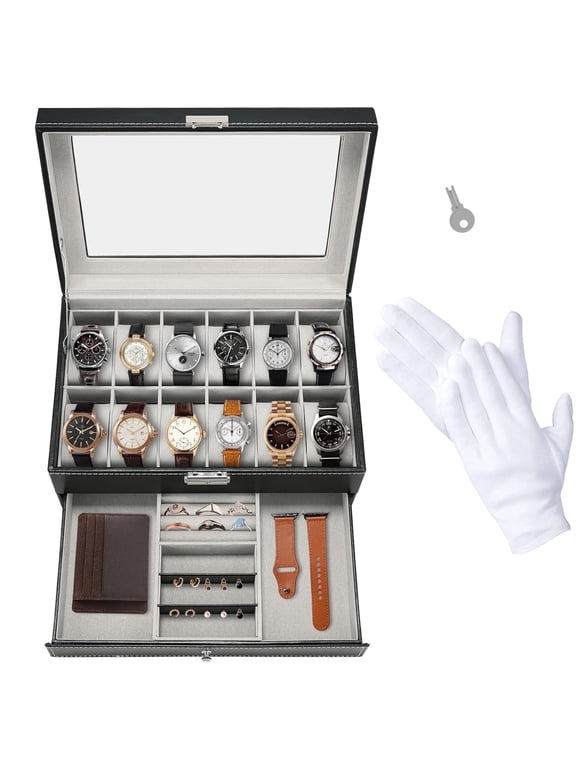 12-Slot Watch Box,Lockable Watch Case with Glass Lid, 2 Layers,with 1 Drawer for Rings, Bracelets, Gift Idea,Black