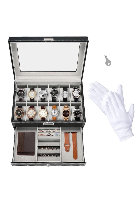 12-Slot Watch Box,Lockable Watch Case with Glass Lid, 2 Layers,with 1 Drawer for Rings, Bracelets, Gift Idea,Black