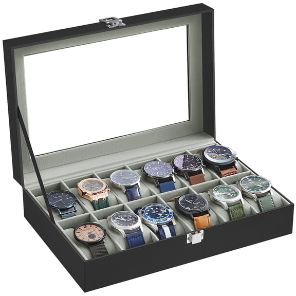 12-Slot Watch Box, Velvet Lined Organizer with Glass Lid, 8 x 3.1 x 11.9inch, Black