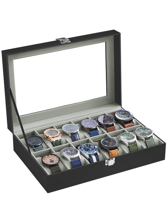 12-Slot Watch Box, Velvet Lined Organizer with Glass Lid, 8 x 3.1 x 11.9inch, Black