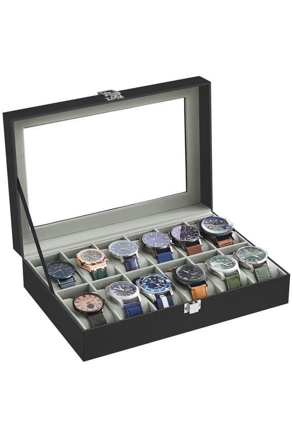 12-Slot Watch Box, Velvet Lined Organizer with Glass Lid, 8 x 3.1 x 11.9inch, Black